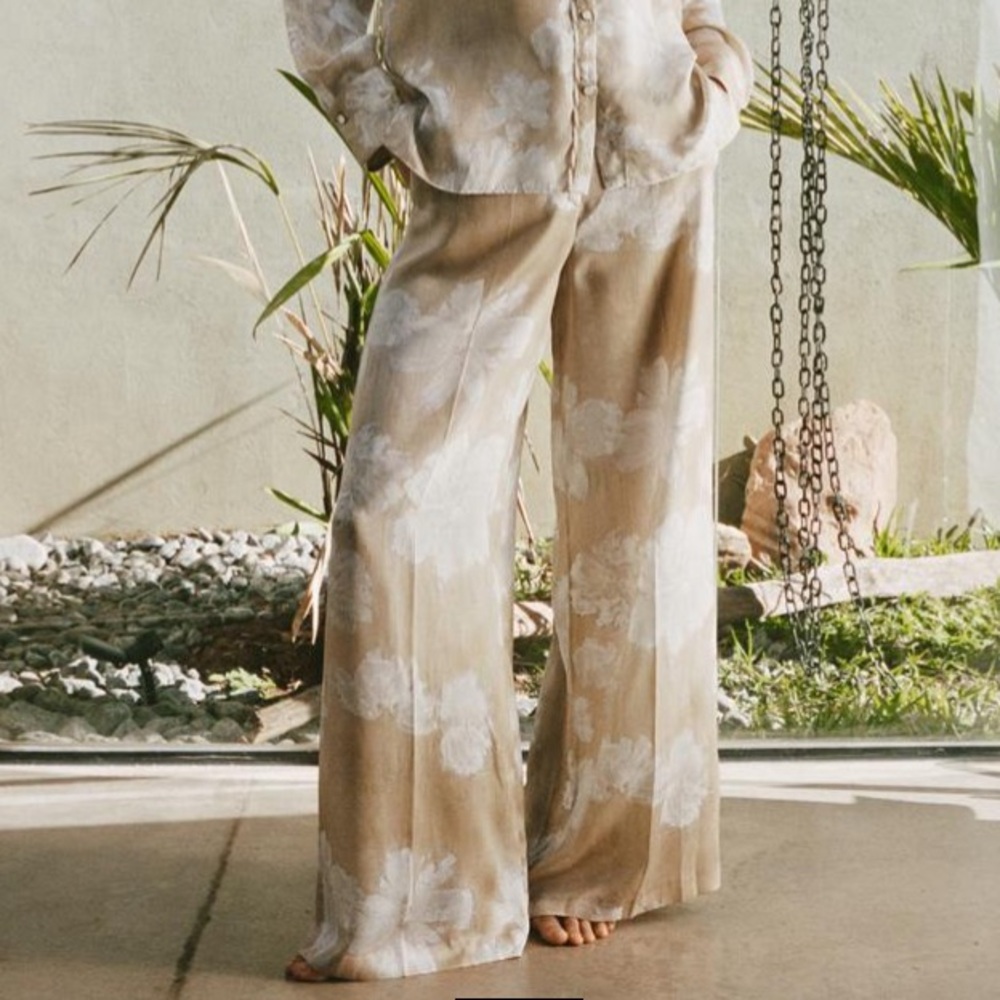 ZARA Satin Tan Abstract Floral Print High Rise Wide Leg Pants NWT